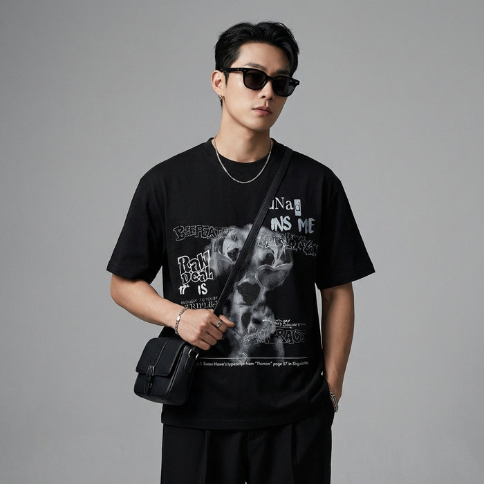 T-shirt unisexe imprimé rétro en coton noir, style streetwear K-fashion - Taille S