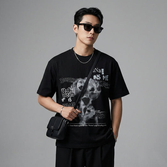 T-shirt unisexe imprimé rétro en coton noir, style streetwear K-fashion - Taille S