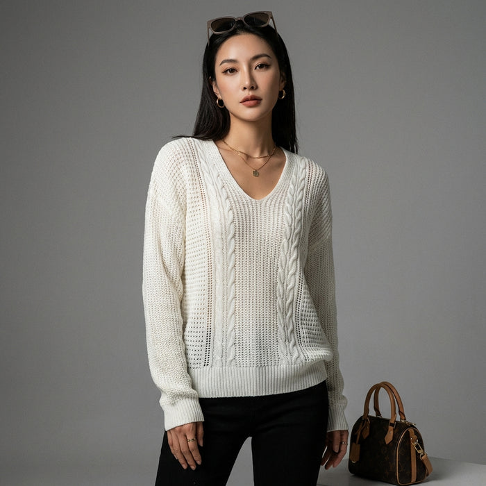 Pull blanc en maille torsadée pour femme - K-fashion décontractée - Taille S