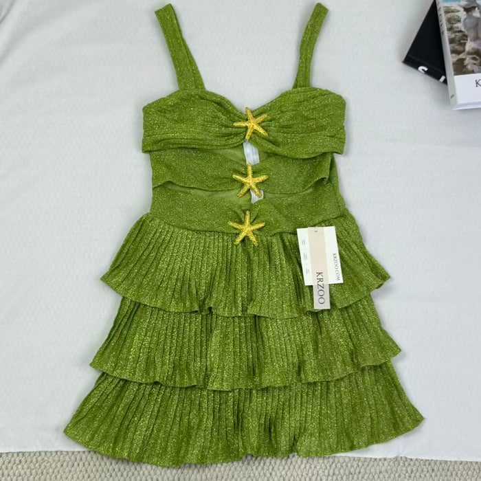 V-neck halter dress with sequins on the skirt