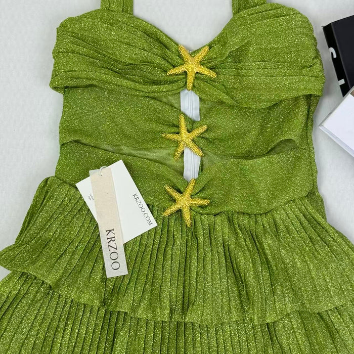 V-neck halter dress with sequins on the skirt