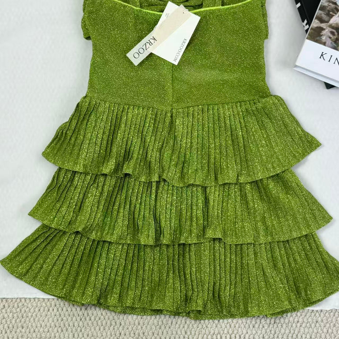 V-neck halter dress with sequins on the skirt