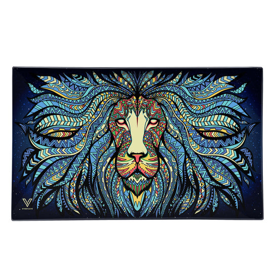 V Syndicate Shatter Proof Glass Rolling Tray - Tribal Lion