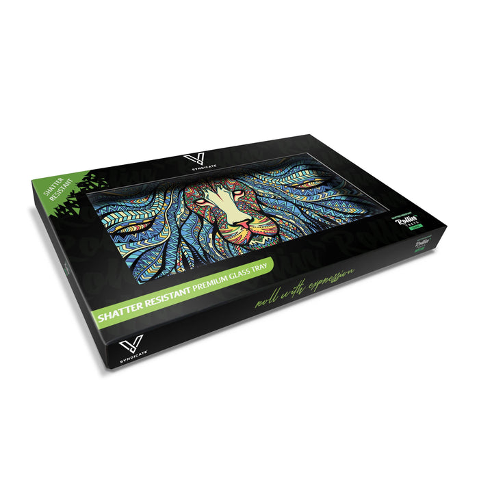 V Syndicate Shatter Proof Glass Rolling Tray - Tribal Lion