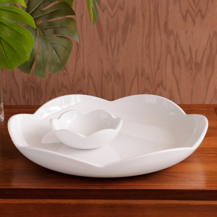 Beatriz Ball Vida Amelia Round Platter with Mini Dip Bowl White — Empty platter and bowl on a wooden surface