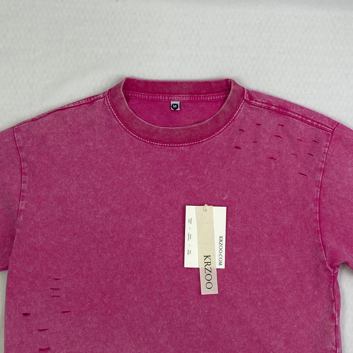 Washed and distressed cotton short-sleeved t-shirt
