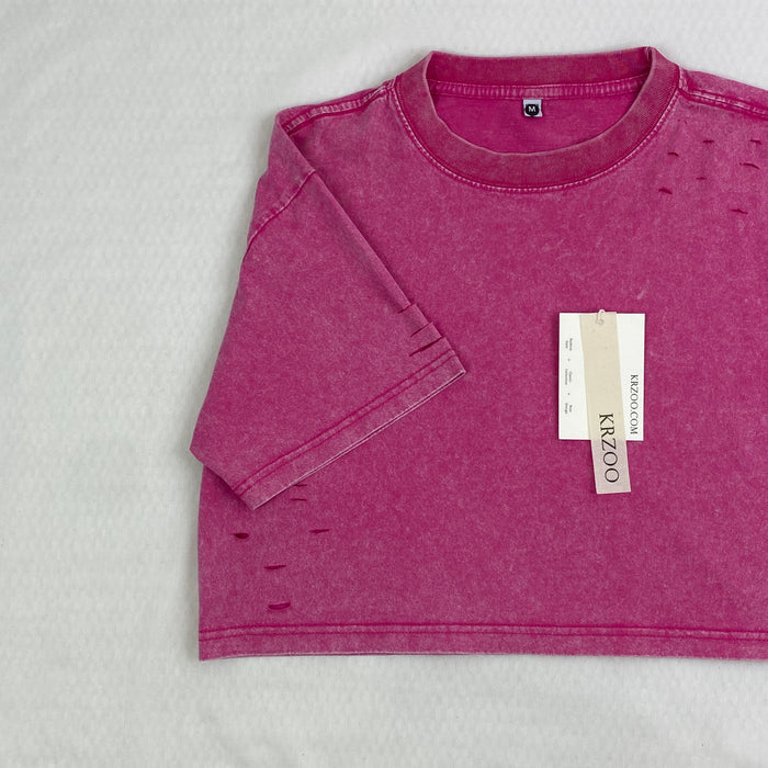 Washed and distressed cotton short-sleeved t-shirt