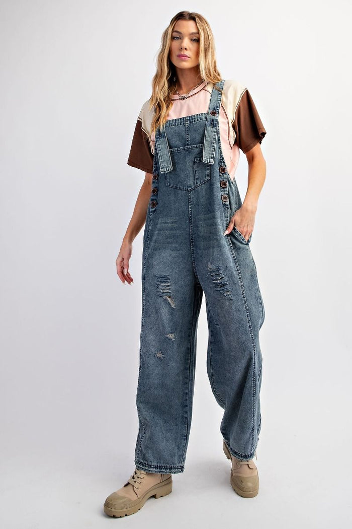 WASHED DENIM LOOSE FIT OVERALLS