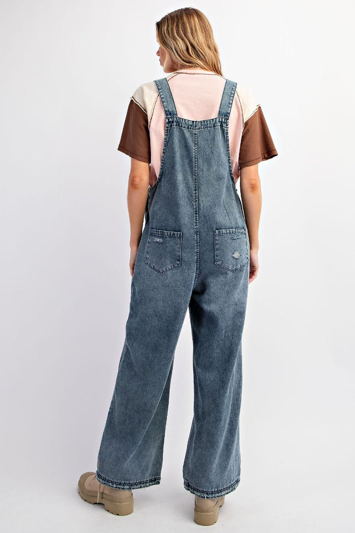 WASHED DENIM LOOSE FIT OVERALLS