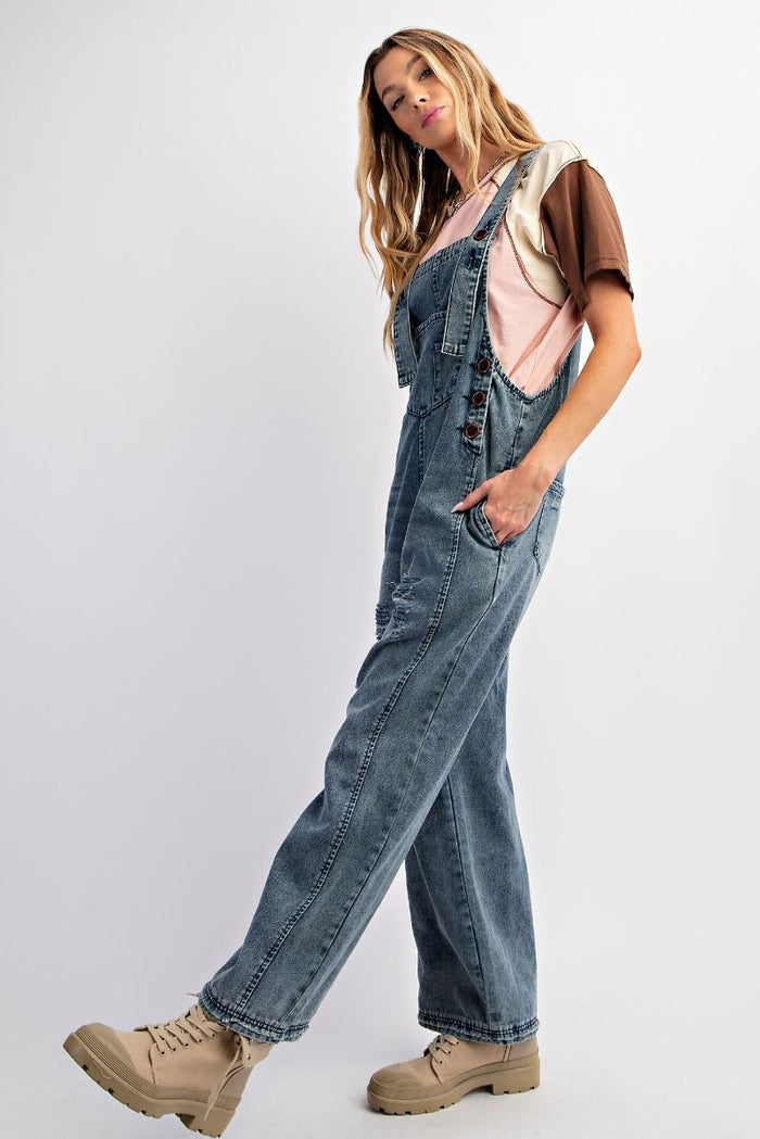 WASHED DENIM LOOSE FIT OVERALLS