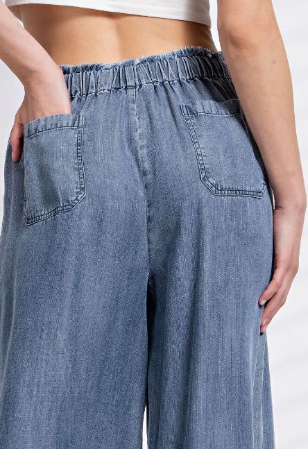 Washed Denim Wide Leg Pants