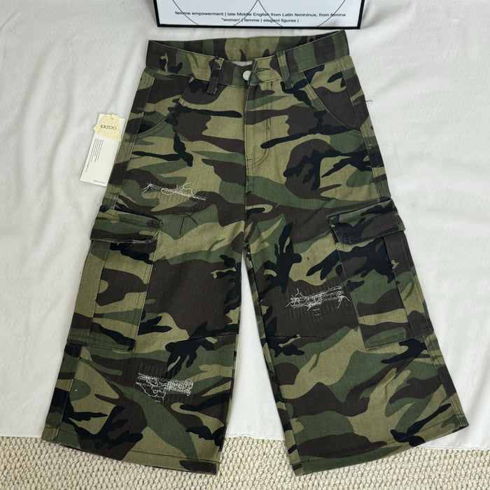 Washed Distressed Camouflage Shorts