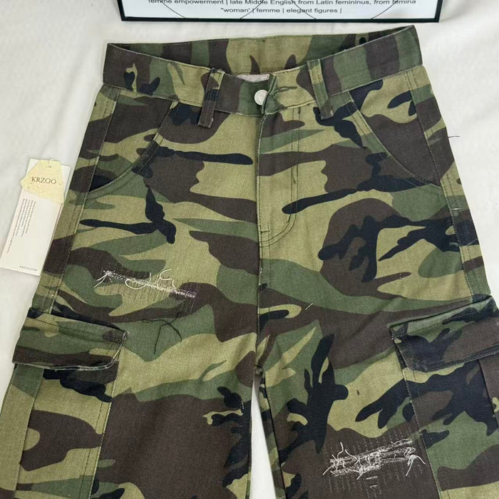 Washed Distressed Camouflage Shorts