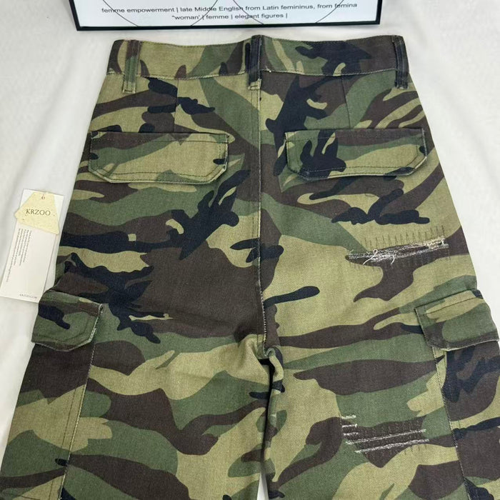 Washed Distressed Camouflage Shorts