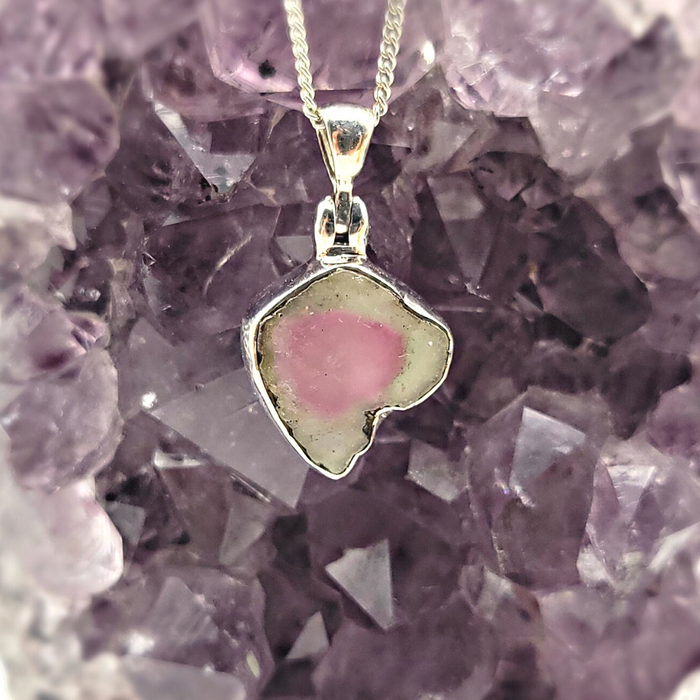 Watermelon Tourmaline Raw Freeform sterling silver Pendant .4"