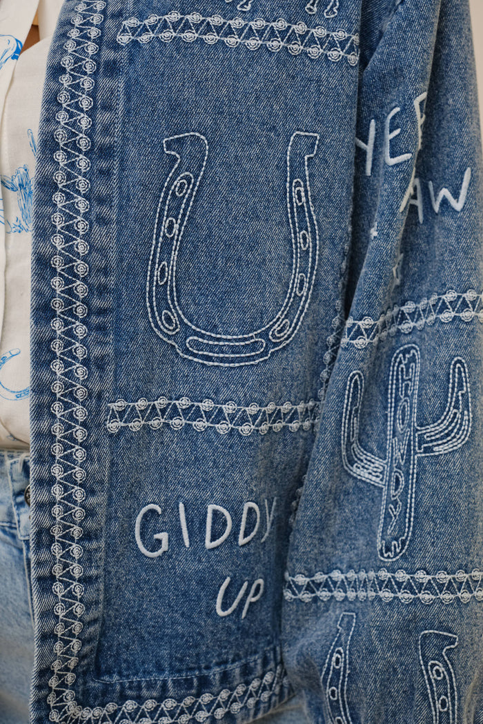 Western Embroidery Puff Sleeve Denim Jacket
