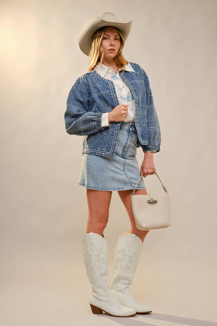 Western Embroidery Puff Sleeve Denim Jacket