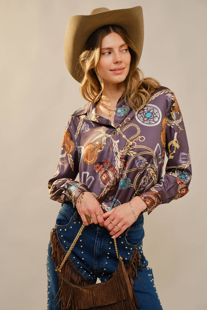 Western Motif Printed Button Down Shirt