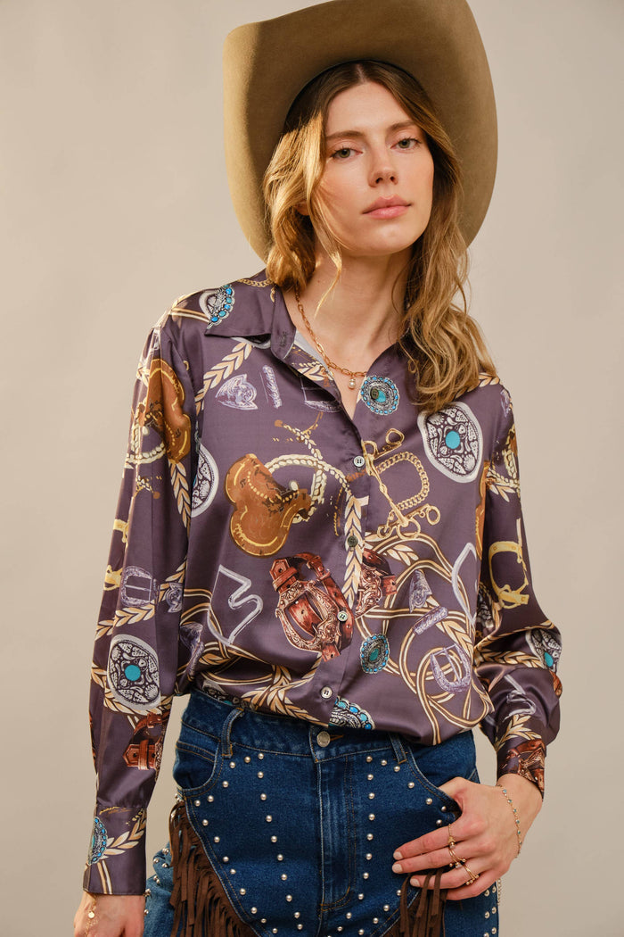 Western Motif Printed Button Down Shirt