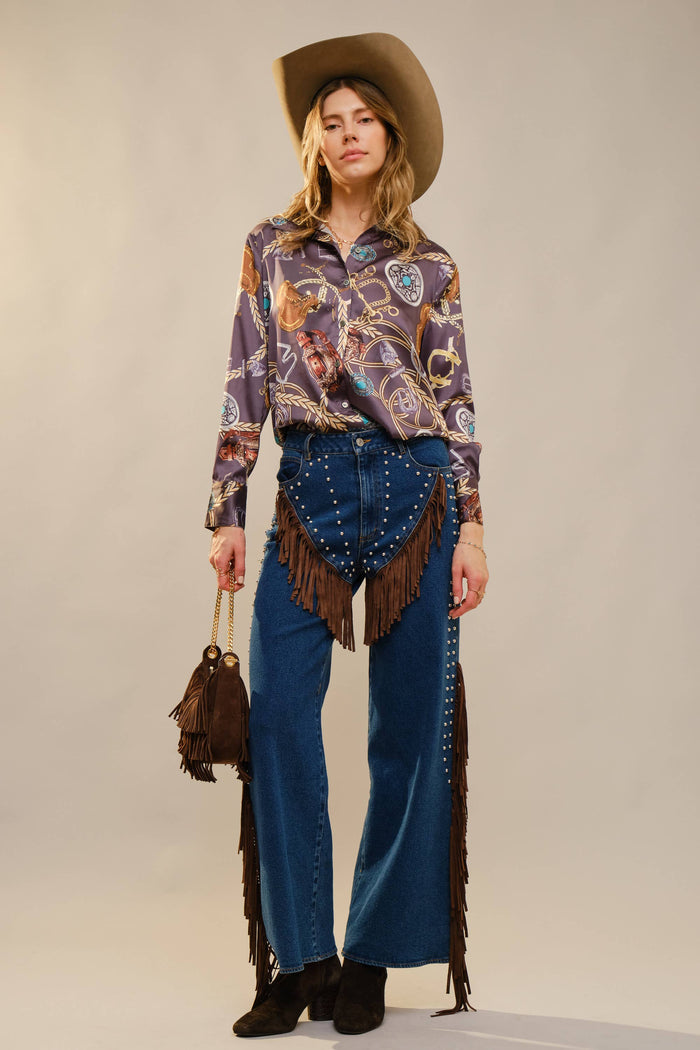 Western Motif Printed Button Down Shirt