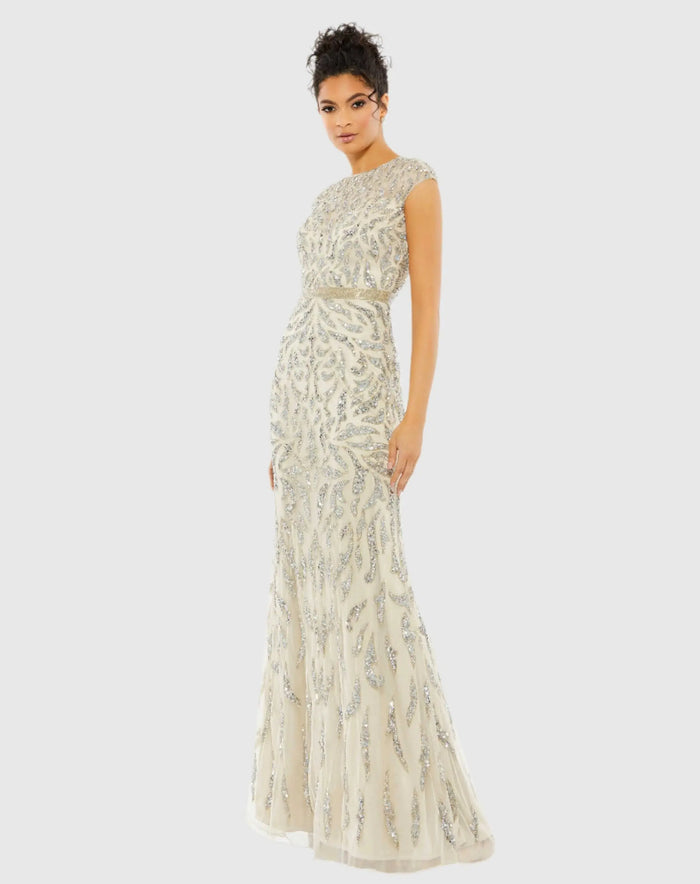 White and Silver Embellished Illusion Cap Sleeve Column Gown
