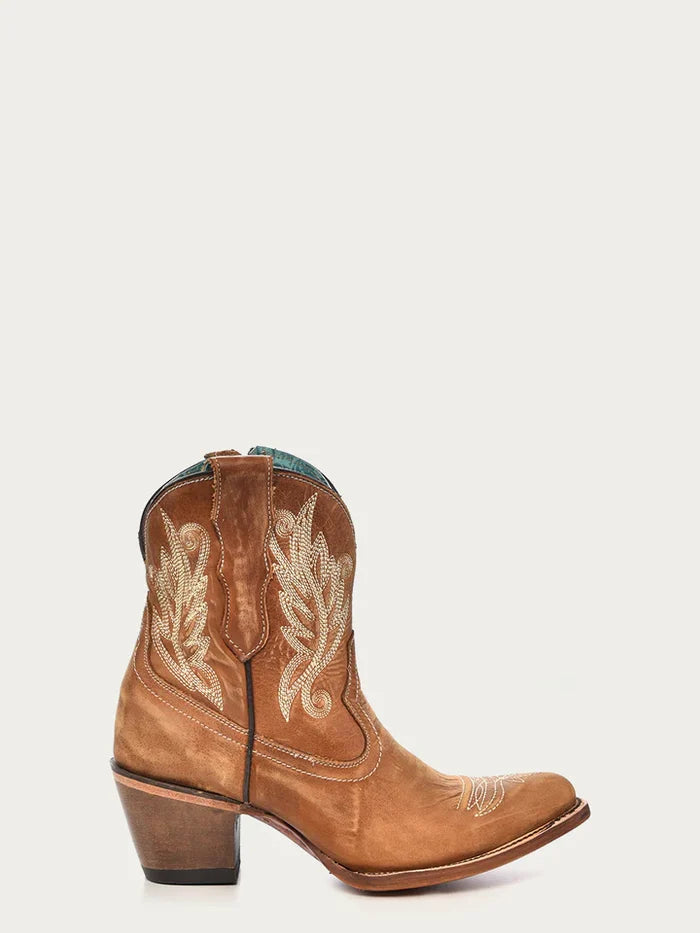 WHITE EMBROIDERY TAN J-TOE ANKLE BOOT WITH ZIPPER