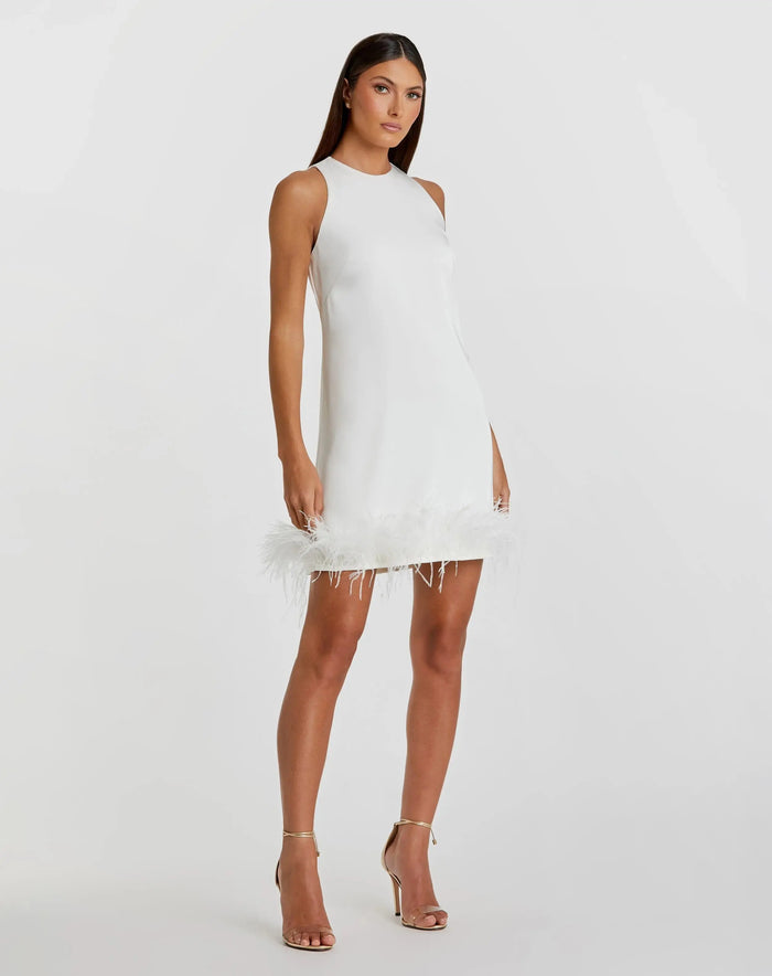 White Feathered Hem High Neck Sleeveless Trapeze Dress - Mac Duggal