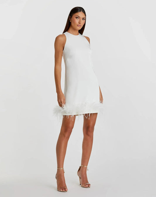 White Feathered Hem High Neck Sleeveless Trapeze Dress - Mac Duggal