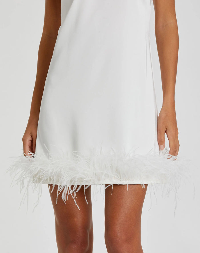 White Feathered Hem High Neck Sleeveless Trapeze Dress - Mac Duggal
