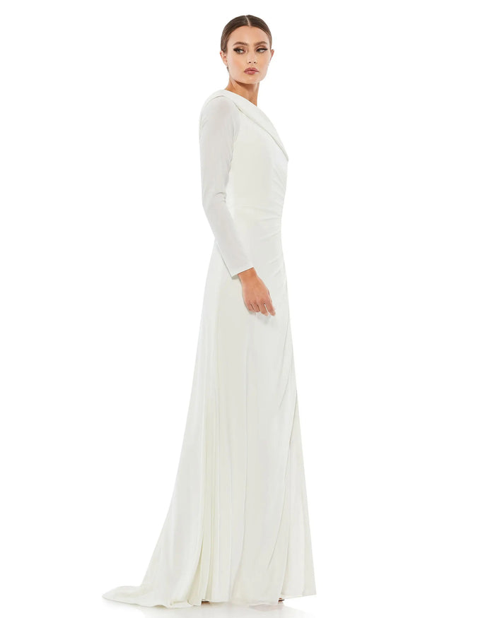 White Ruched Jersey Drop Shoulder Foldover Gown - Mac Duggal