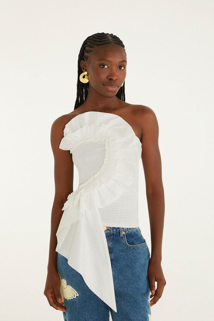 FARM Rio model wearing the White Smocked Strapless Top