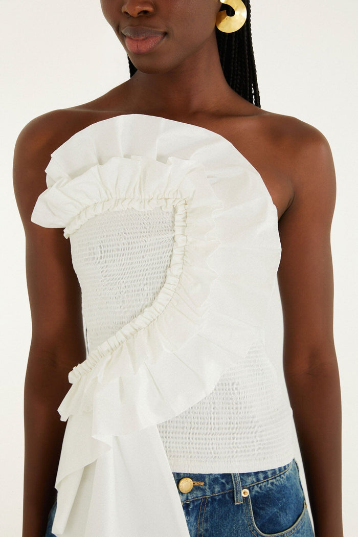 FARM Rio model wearing the White Smocked Strapless Top