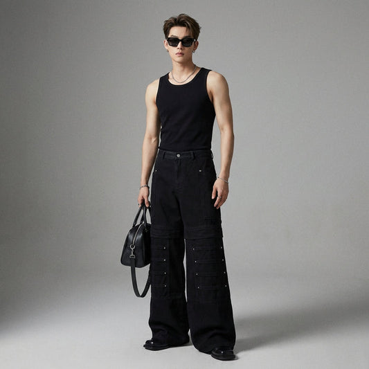 Pantalon en denim large noir pour homme - Streetwear K-fashion - Taille M