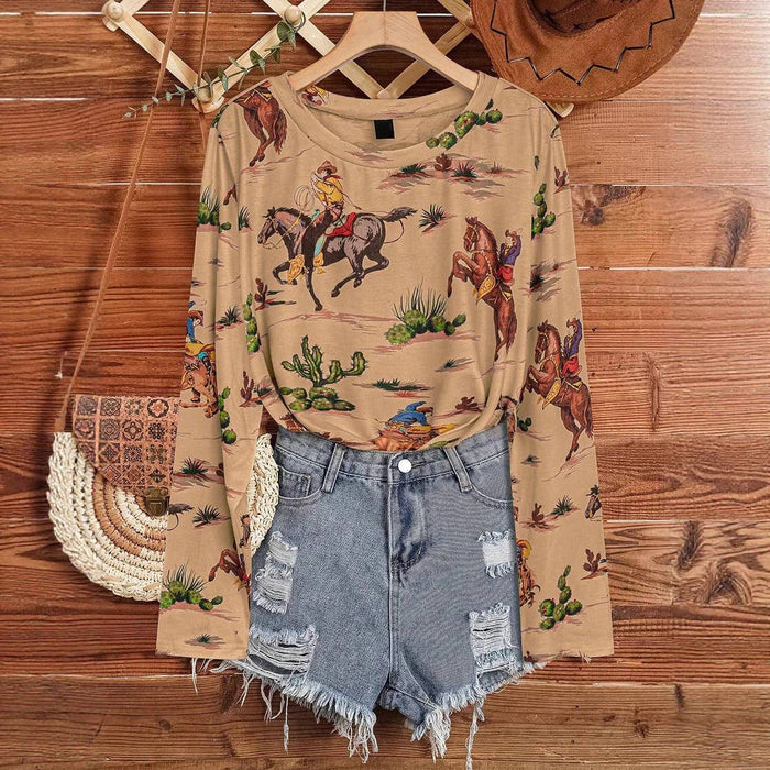 Wild Western Cowboy Rodeo print t-shirt long sleeve