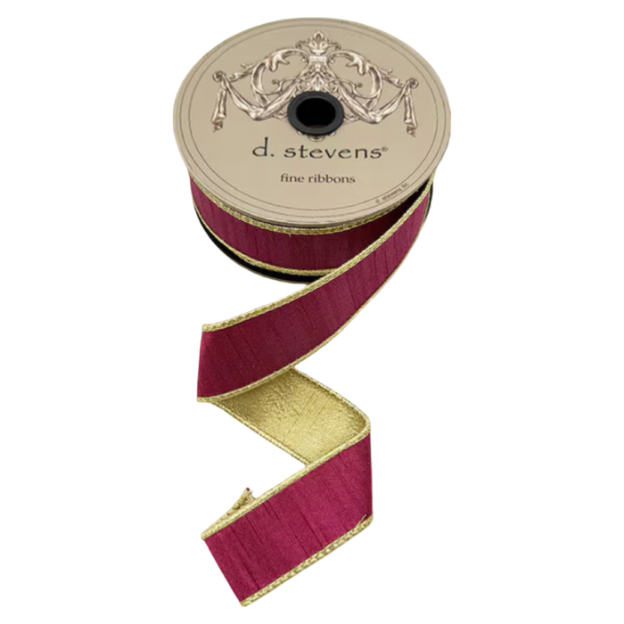 Wine slub dupioni ribbon with metallic gold backing and gold edging, 1.5 inches wide, shown unrolled from a 10-yard spool for bows, wreaths, ornaments, and gift wrapping.