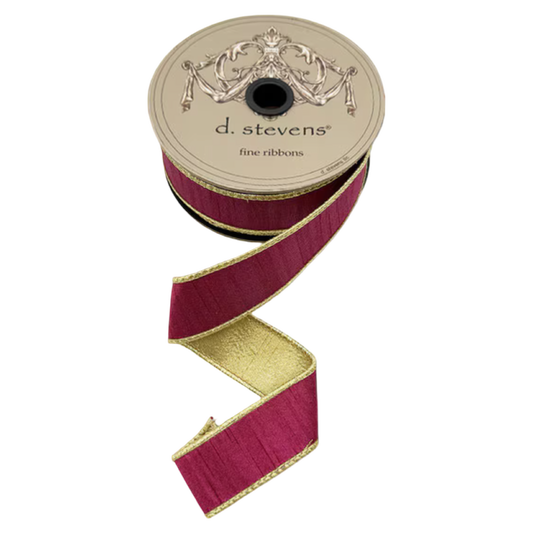 Wine slub dupioni ribbon with metallic gold backing and gold edging, 1.5 inches wide, shown unrolled from a 10-yard spool for bows, wreaths, ornaments, and gift wrapping.