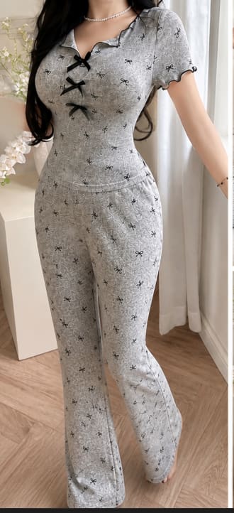 Women 2-Piece Outfit – Grey Bow Print Top & Pants Set – Casual Soft Lounge Set