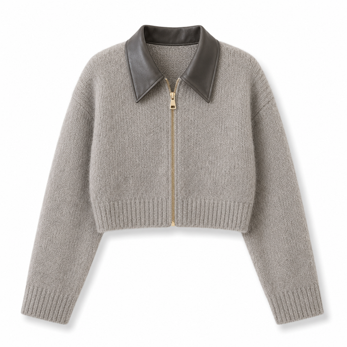 Women Beige Cropped Knit Cardigan with Faux Leather Collar and Front Zipper