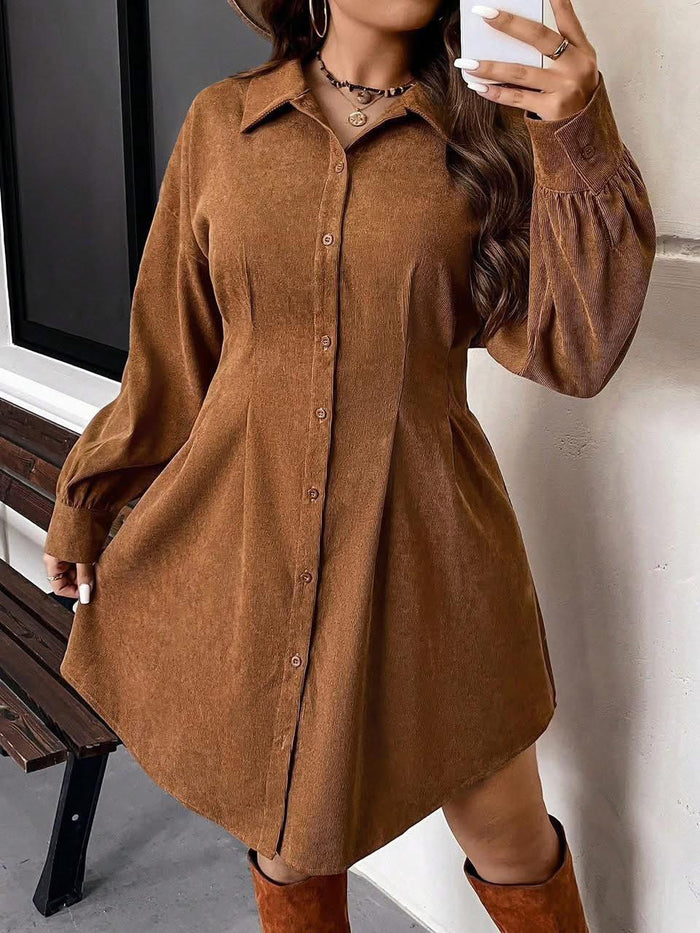 Women Brown Long Sleeve Button Down Shirt Dress, Loose Fit Casual Mini Dress