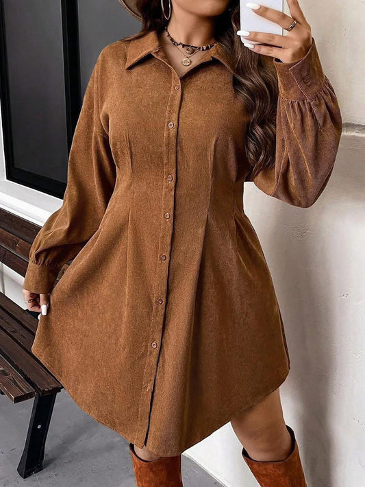 Women Brown Long Sleeve Button Down Shirt Dress, Loose Fit Casual Mini Dress