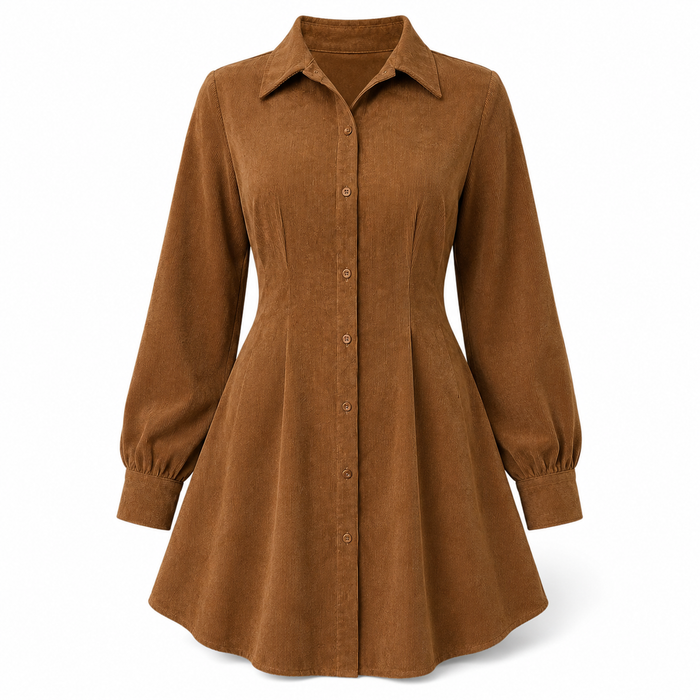 Women Brown Long Sleeve Button Down Shirt Dress, Loose Fit Casual Mini Dress