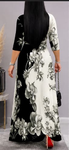 Women Elegant Floral Maxi Dress – Black & White Wrap Style Long Dress for Evening & Casual Wear