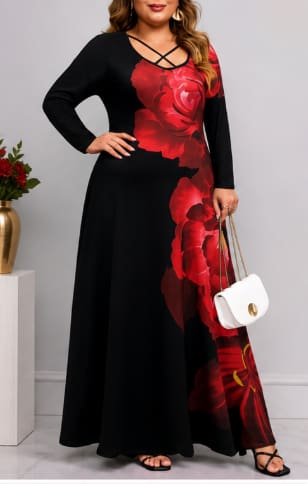 Women Elegant Maxi Dress – Black Dress with Red Floral Print – Long Evening & Party Dress