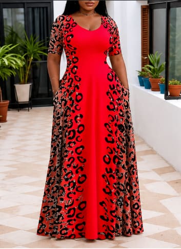 Women Elegant Maxi Dress – Red & Leopard Print Long Dress – Stylish Evening & Casual Wear