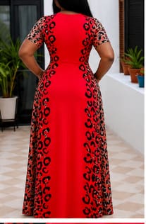 Women Elegant Maxi Dress – Red & Leopard Print Long Dress – Stylish Evening & Casual Wear