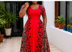 Women Elegant Maxi Dress – Red & Leopard Print Long Dress – Stylish Evening & Casual Wear