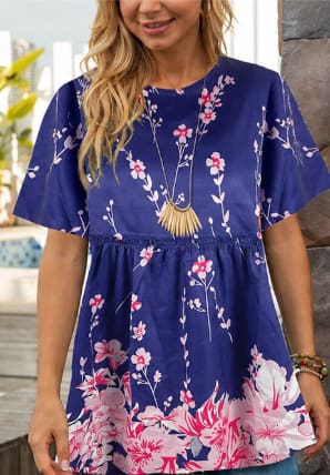 Women Floral Casual Blouse – Loose Fit Short Sleeve Summer Top