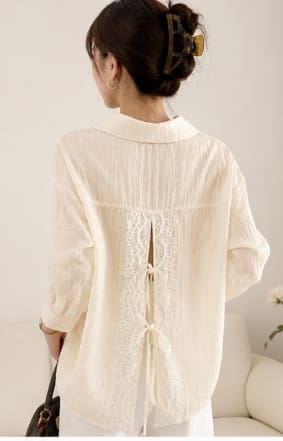 Women Lace Back Tie Blouse – Long Sleeve Textured Shirt – Elegant Casual Top
