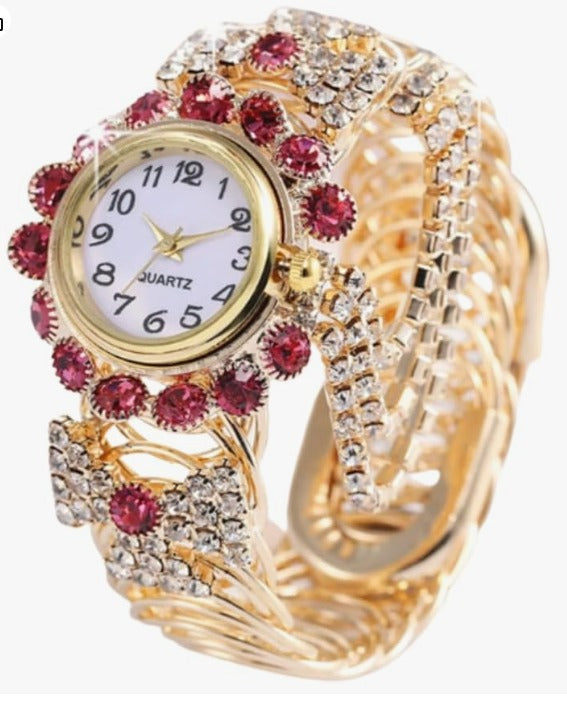 Women Luxury Bracelet Watch – Gold Watch with Crystal & Red Stones – Elegant Dress Watch