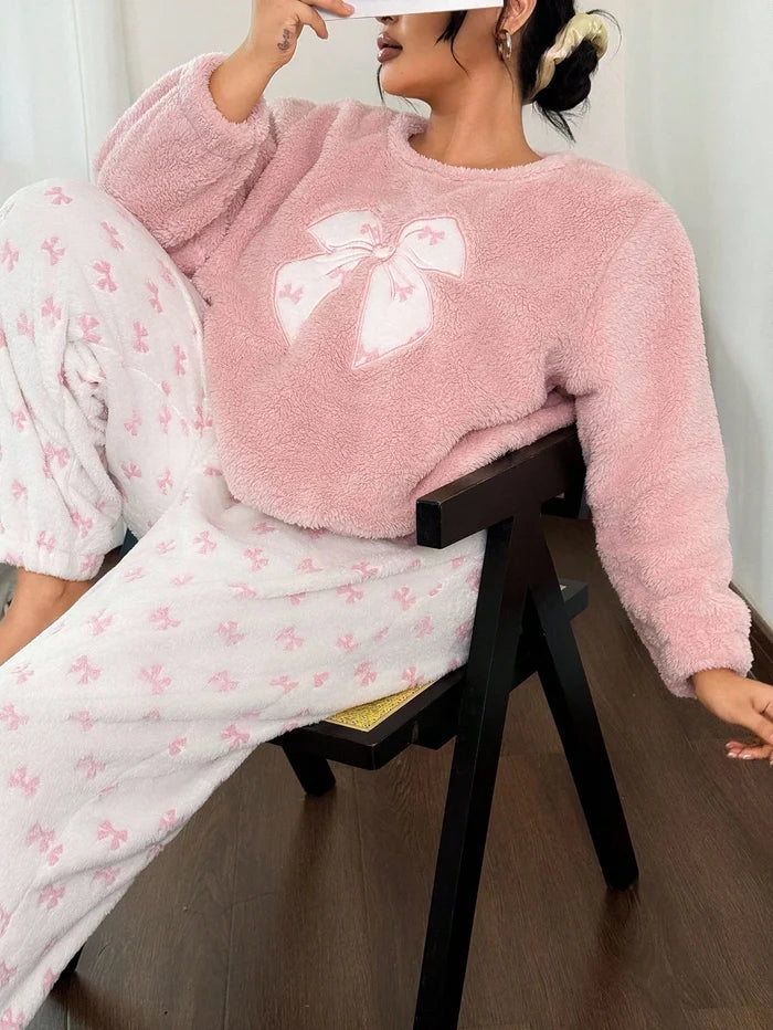 Women Pink Fleece Bow Pajama Set